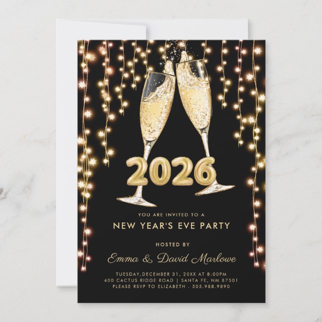 Invitation Champagne Or Moderne Noir Nouvel An 2026 (Devant)
