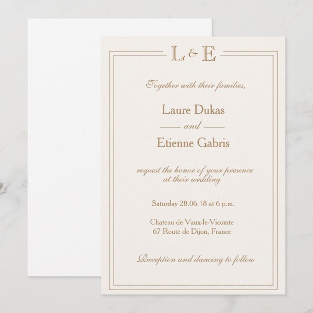 Invitation Champagne or Monogram blanc chic mariage moderne (Devant / Derrière)