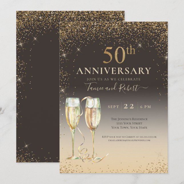 Invitation Champagne Pailleté Or Élégant 50e Anniversaire (Devant / Derrière)