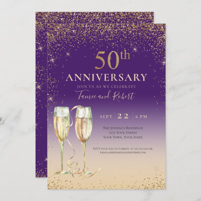Invitation Champagne Paillette Or Violet 50e Anniversaire (Devant / Derrière)
