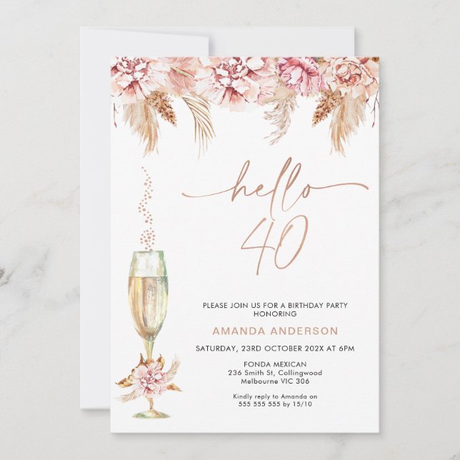 Invitation Champagne Pampas Floral Blush Bonjour 40 Anniversa (Devant)