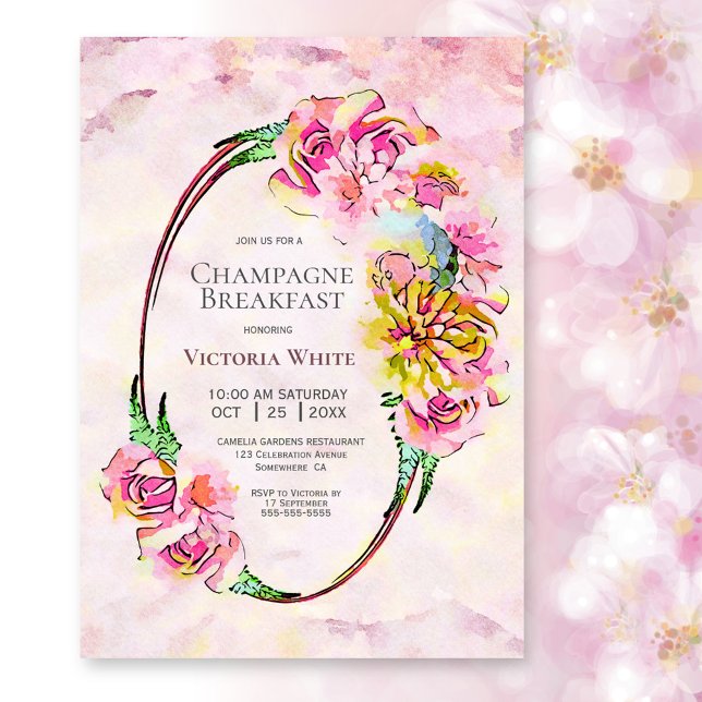 Invitation Champagne Petit-déjeuner Pink Floral Aquarelle (Créateur téléchargé)