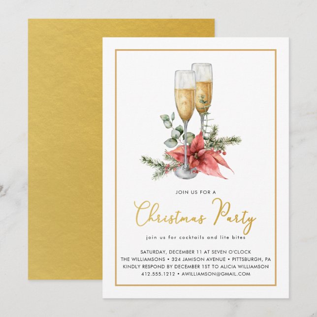 Invitation Champagne Poinsettia Verdure Gold Christmas Party (Devant / Derrière)
