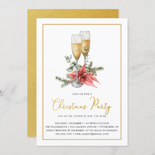 Invitation Champagne Poinsettia Verdure Gold Christmas Party