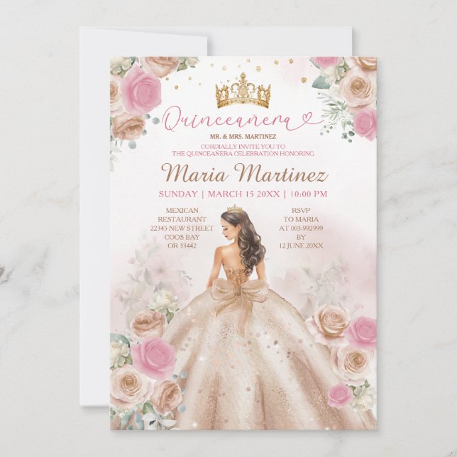 Invitation Champagne Princess Dress Dusty Rose Quinceañera (Devant)