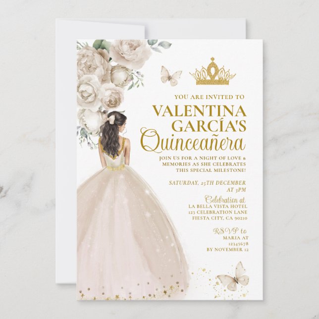 Invitation Champagne Quinceañera 15 Anos Fleurs Couronne d'or (Devant)
