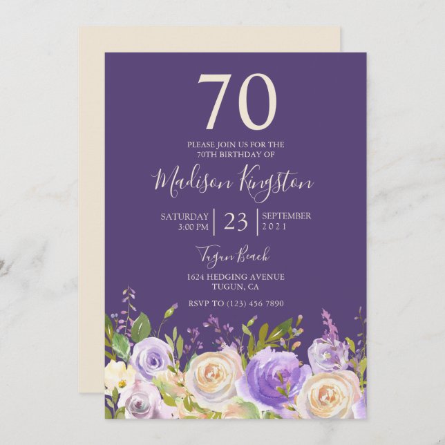 Invitation Champagne Rose blanche violet 70e anniversaire (Devant / Derrière)