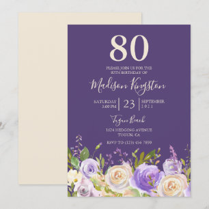 Invitation Champagne Rose blanche violet 80e anniversaire