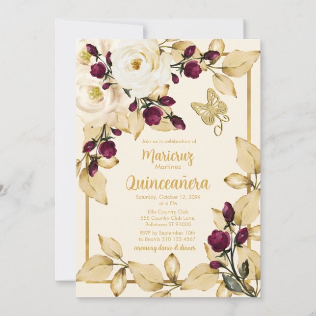 Invitation Champagne Rose Bourgogne Buds Or Papillon Feuille (Devant)