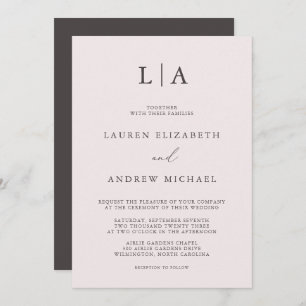 Invitation Champagne Rose et Brown Mariage Monogramme