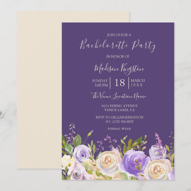 Invitation Champagne Rose Fleurs violettes Bachelorette Party (Devant / Derrière)