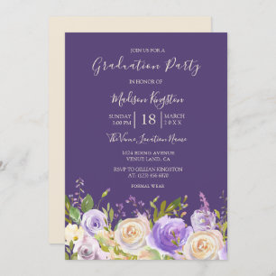 Invitation Champagne Rose Fleurs violettes fête de graduation