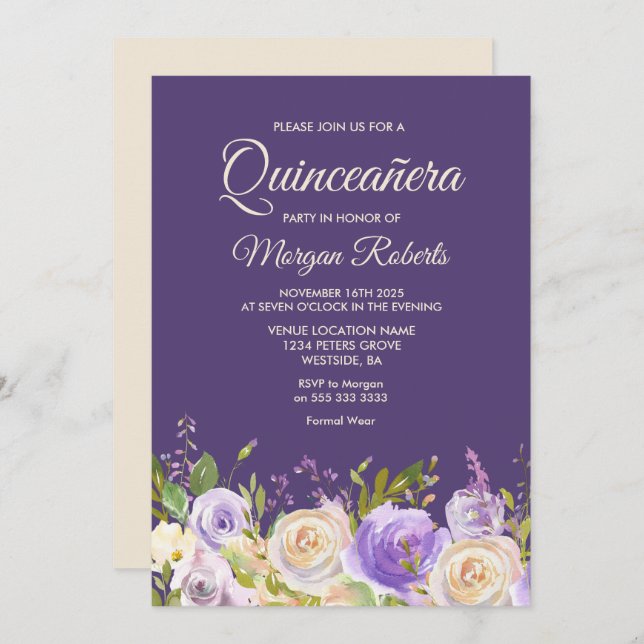 Invitation Champagne Rose Fleurs violettes Quinceanera (Devant / Derrière)
