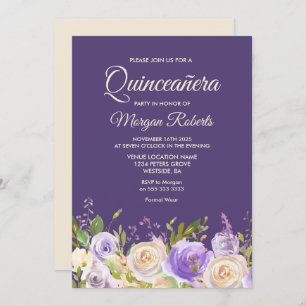 Invitation Champagne Rose Fleurs violettes Quinceanera