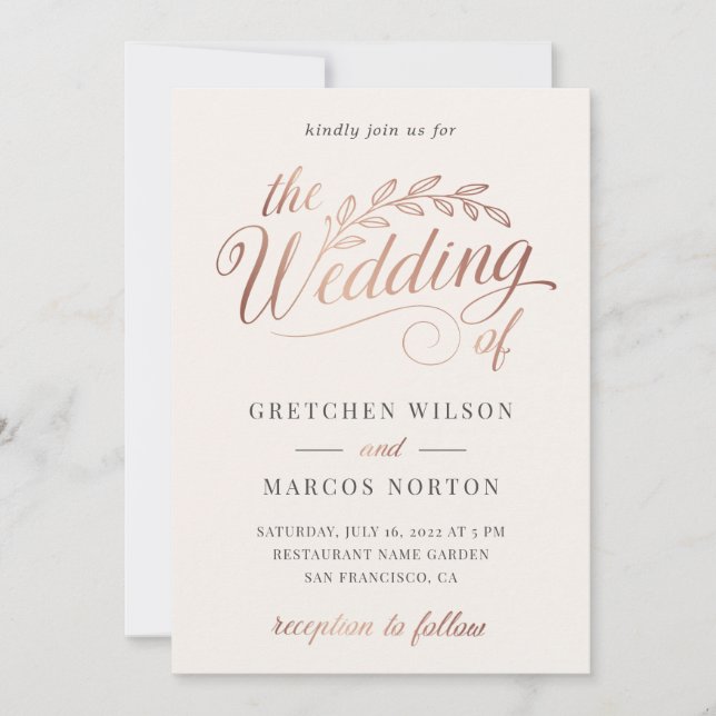 Invitation Champagne Rose Gold Calligraphie Mariage (Devant)