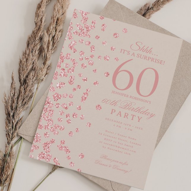 Invitation Champagne Rose Gold Glitter Surprise 60e Anniversa (Rose Gold Glitter Surprise 60th Birthday Champagne Invitation)