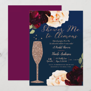 Invitation Champagne Rose Gold Marine Blue Floral Fête des ma