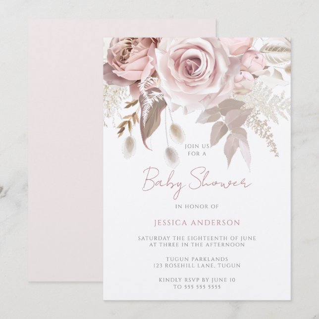 Invitation Champagne Rose Poussiéreuse Blush Shimmer Baby Sho (Devant / Derrière)