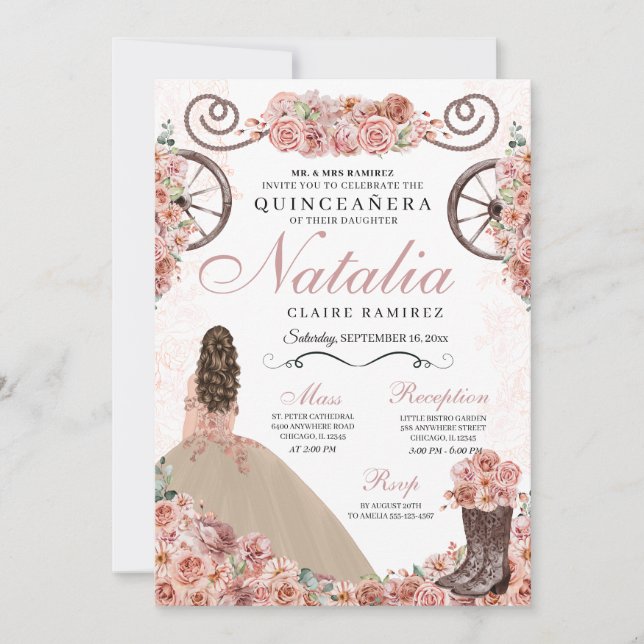 Invitation Champagne Rose Ranchero Princesse Robe Quinceanera (Devant)