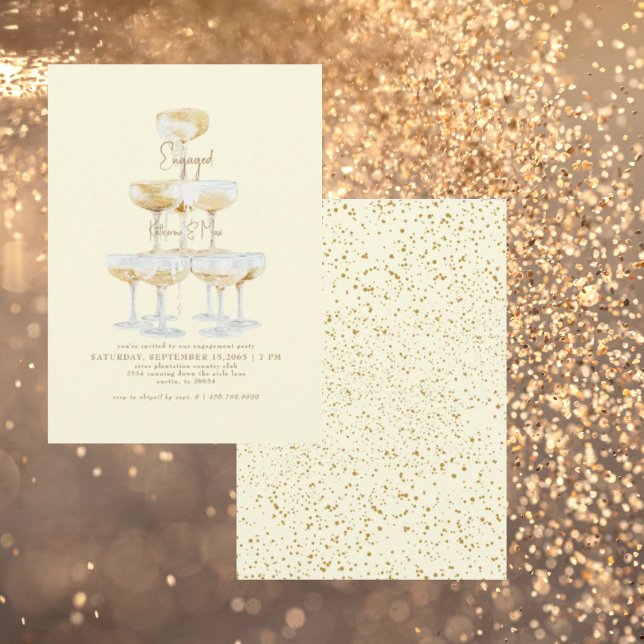 Invitation Champagne Tower Gold Texte Jaune Partie d'engageme (Créateur téléchargé)