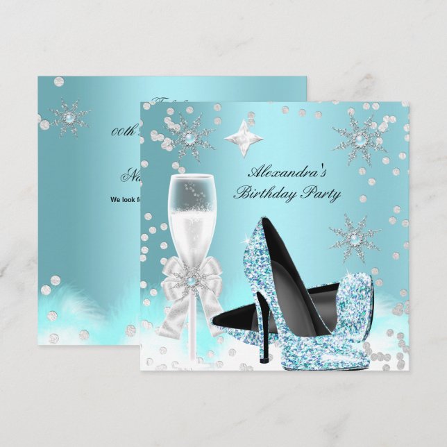 Invitation Champagne turquoise talons hauts Fête d'anniversai (Devant / Derrière)