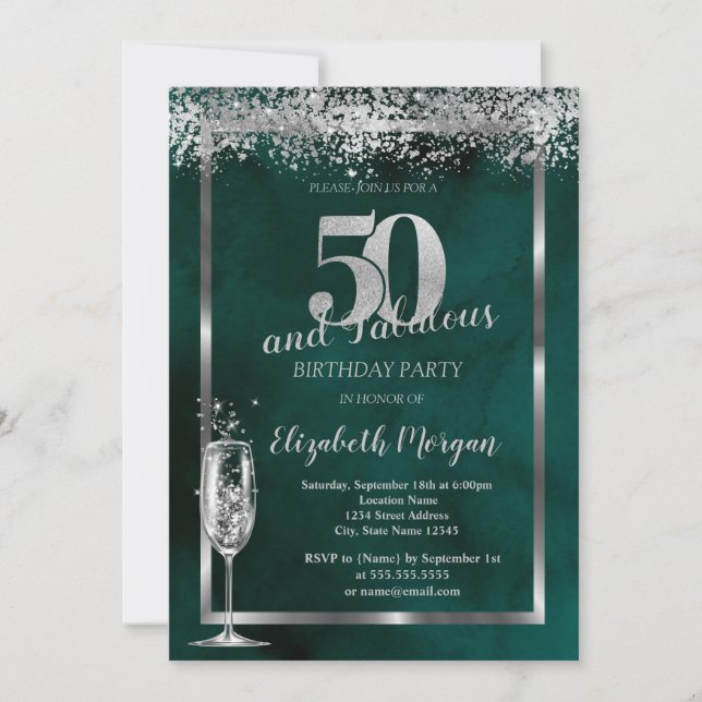 Invitation Champagne Verre Argent Confetti Vert 50e (Devant)
