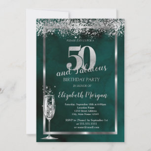 Invitation Champagne Verre Argent Confetti Vert 50e