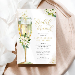 Invitation Champagne Verre Blanc & Or Floral Bridal Brunch