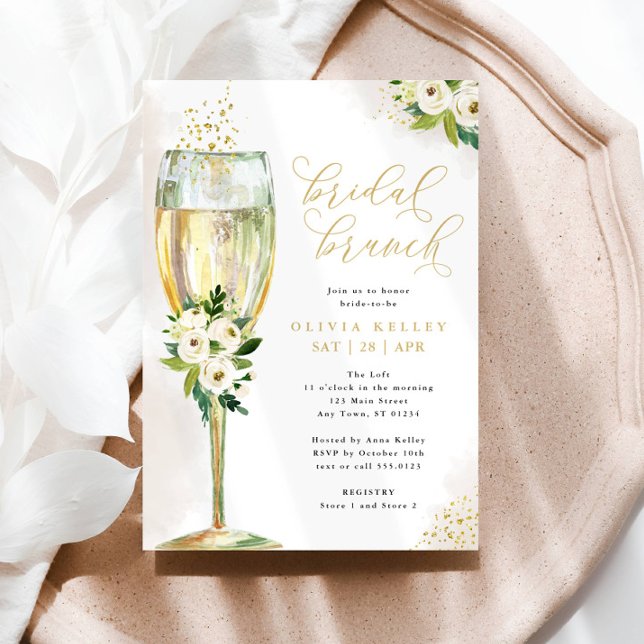 Invitation Champagne Verre Blanc & Or Floral Bridal Brunch (Créateur téléchargé)