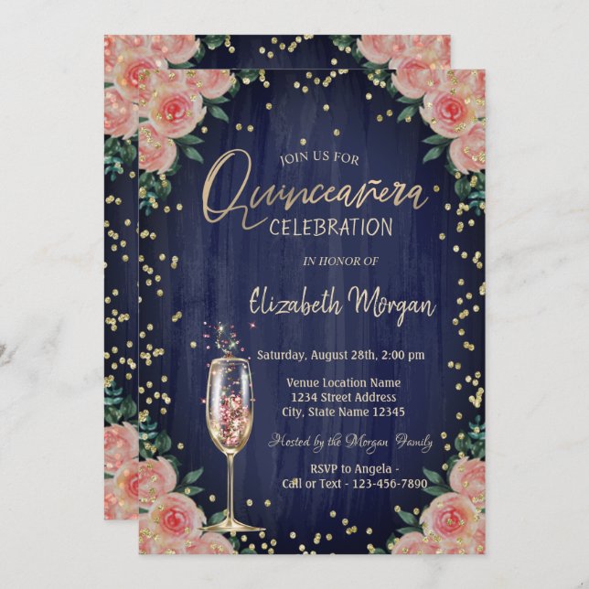 Invitation Champagne Verre Diamants Fleurs Quinceañera (Devant / Derrière)
