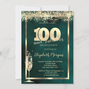 Invitation Champagne Verre Or Confetti Vert 100e anniversaire