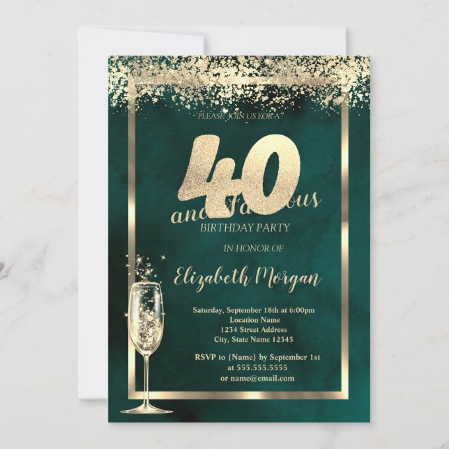Invitation Champagne Verre Or Confetti Vert 40e anniversaire (Devant)