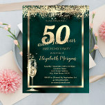 Invitation Champagne Verre Or Confetti Vert 50e anniversaire<br><div class="desc">Elégant verre de champagne,  et confetti d'or sur arrière - plan or.</div>