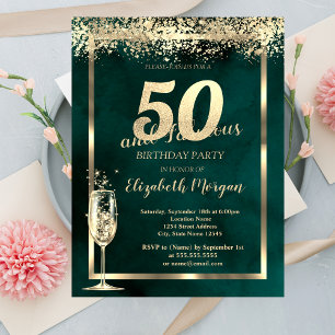 Invitation Champagne Verre Or Confetti Vert 50e anniversaire