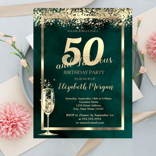 Invitation Champagne Verre Or Confetti Vert 50e anniversaire (Créateur téléchargé)