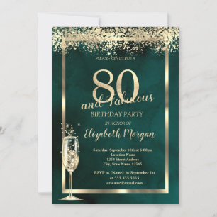 Invitation Champagne Verre Or Confetti Vert 80e anniversaire