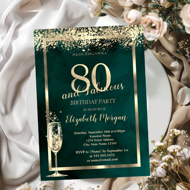 Invitation Champagne Verre Or Confetti Vert 80e anniversaire (Créateur téléchargé)