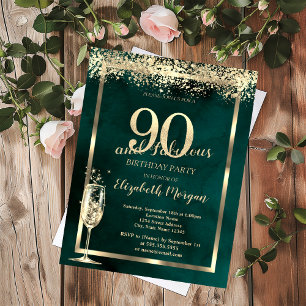Invitation Champagne Verre Or Confetti Vert 90e anniversaire