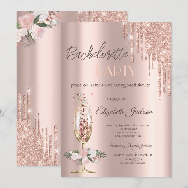 Invitation Champagne Verre Rose Bachelorte Party (Devant / Derrière)