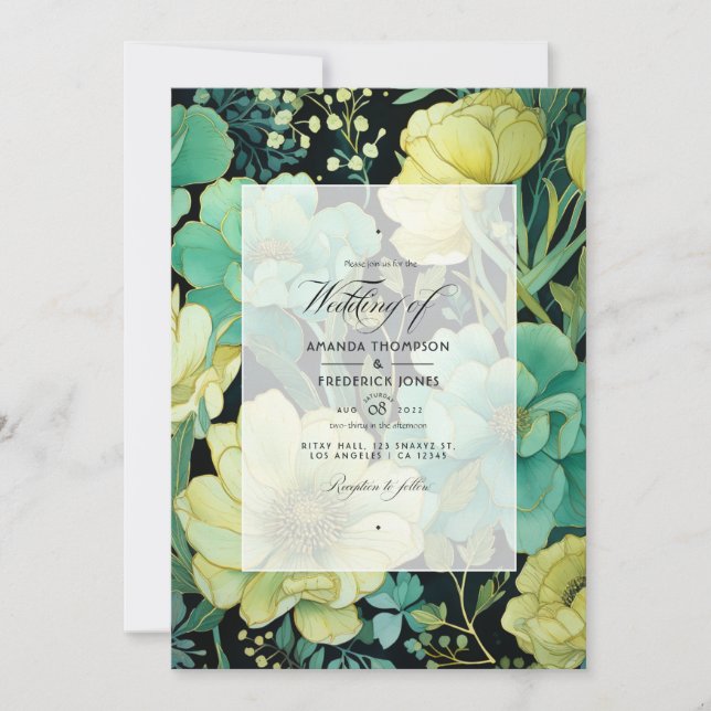 Invitation Champagne, vert et Mariage de fleurs noires (Devant)