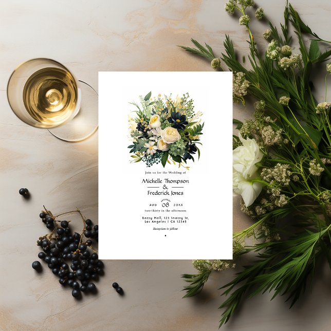 Invitation Champagne, vert et Mariage de fleurs noires (Créateur téléchargé)