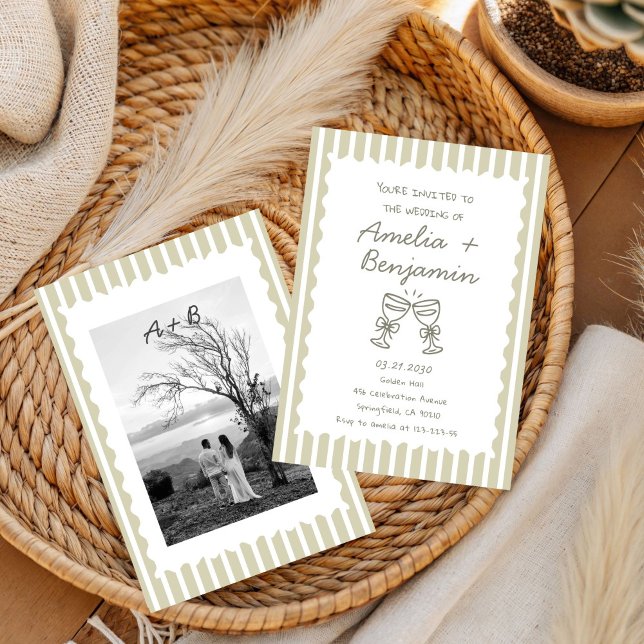 Invitation Champagne vert rayé capricieux Whimsical (Créateur téléchargé)