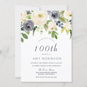 Invitation Champagne White & Navy Floral 100e fête d'annivers