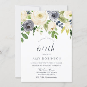 Invitation Champagne White & Navy Floral 60e fête d'anniversa