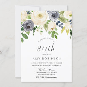 Invitation Champagne White & Navy Floral 80e fête d'anniversa
