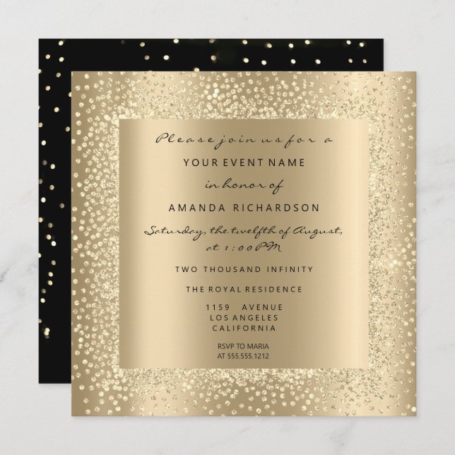 Invitation Champaigne minimum Gold Noir Confetti Sepia Glam (Devant / Derrière)