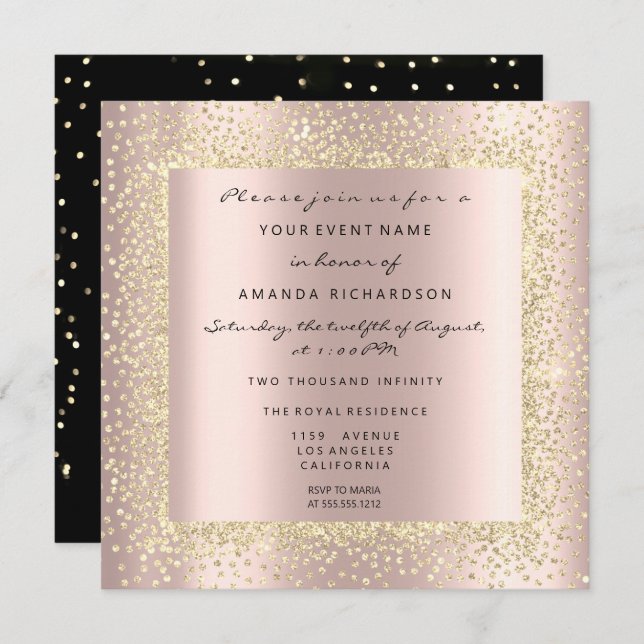 Invitation Champaigne Or Noir Minimal Confettis Rose Blush (Devant / Derrière)