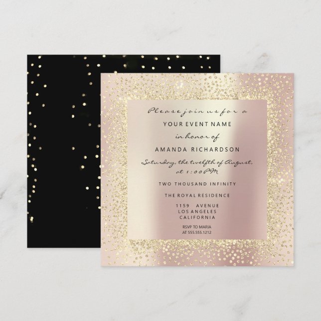Invitation Champaigne Or Noir Minimal Confettis Rose Fard (Devant / Derrière)