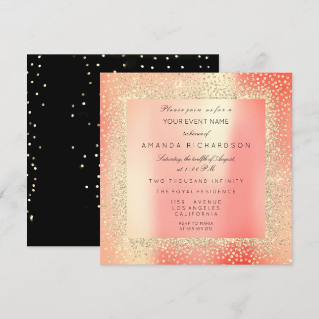 Invitation Champaigne Paillettes Or Confettis Rose Pêche (Devant / Derrière)