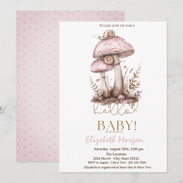 Invitation Champignons Aquarelle Escargots Points Baby Shower (Devant / Derrière)